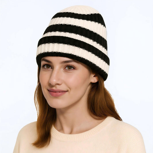 Unisex Striped Knit Beanie Hat Cuffed Warm Winter Cap