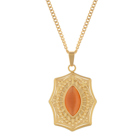 Women's Stainless Steel Necklace with 18K Gold Plated Pendant, Orange Acrylic Stone Inlay, Adjustable Chain, Unique Design