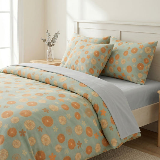 4-Piece Cotton Bedding Set with Floral Pattern Duvet Cover, Pillowcases, and Flat Sheet