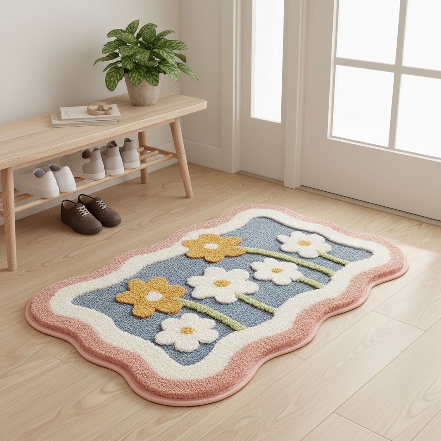 Tufted Floor Mat with Floral Daisy Pattern Non Slip Backing Soft Plush Decorative Scalloped Edge Rug