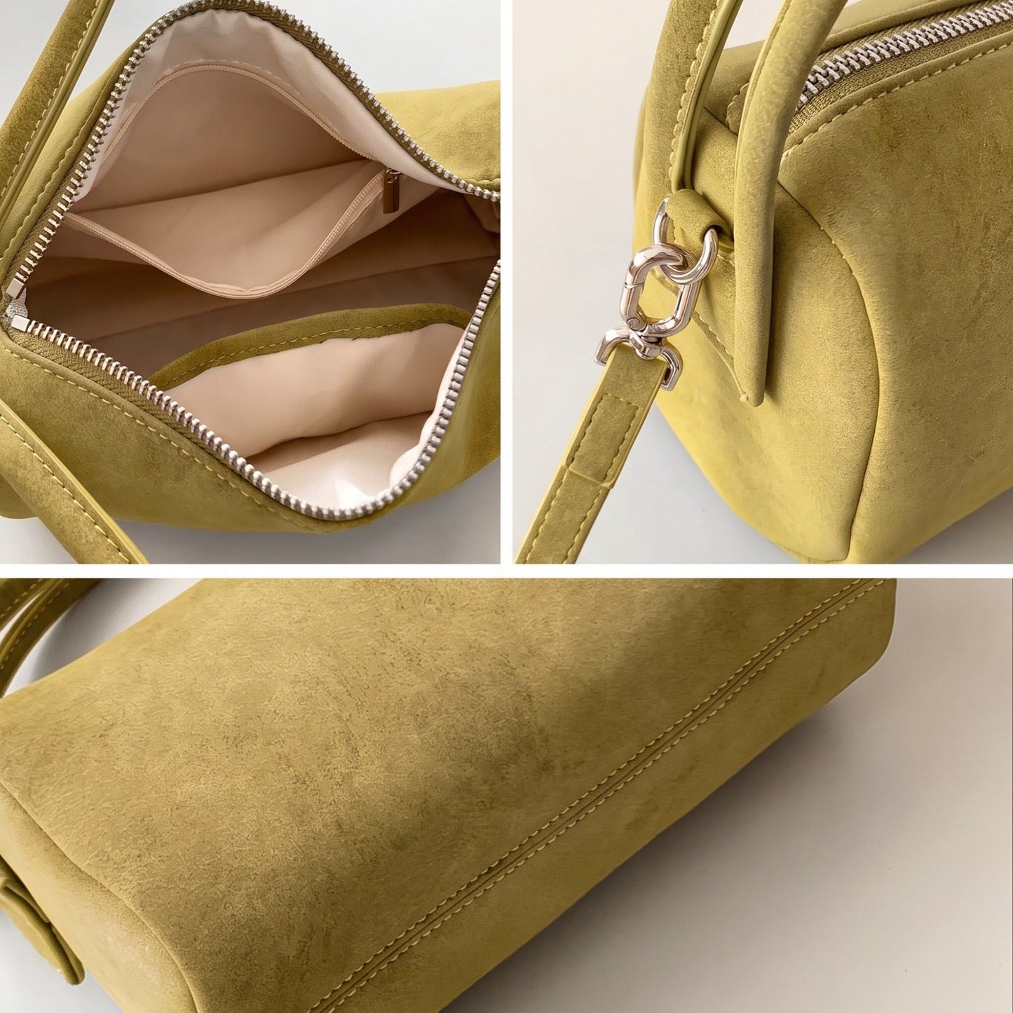 Faux Suede Handbag with Detachable Crossbody Strap and Zipper Closure