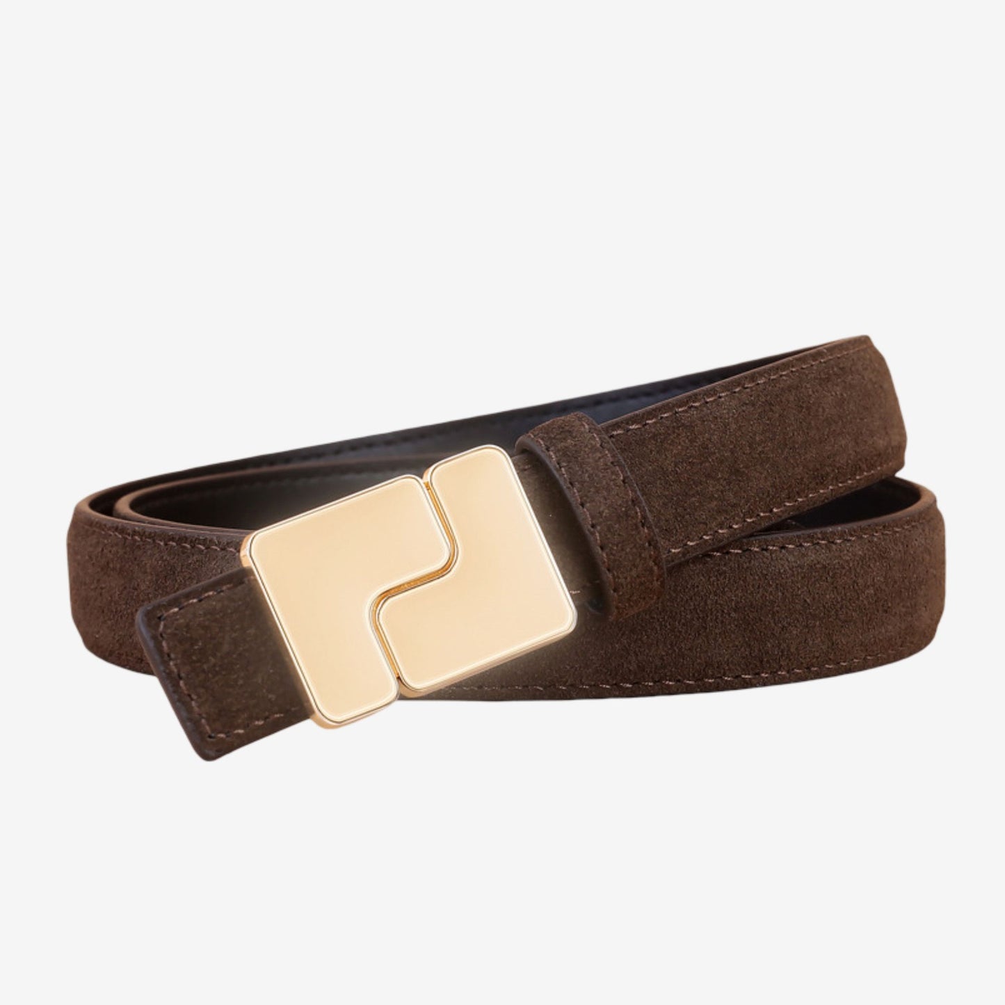 Suede Leather Belt with Geometric Gold Tone Buckle 39.4in