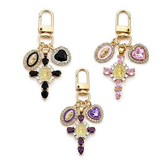 3pc Cross Keychain Bag Charm with Rhinestone Heart Pendant and Medallion Accent