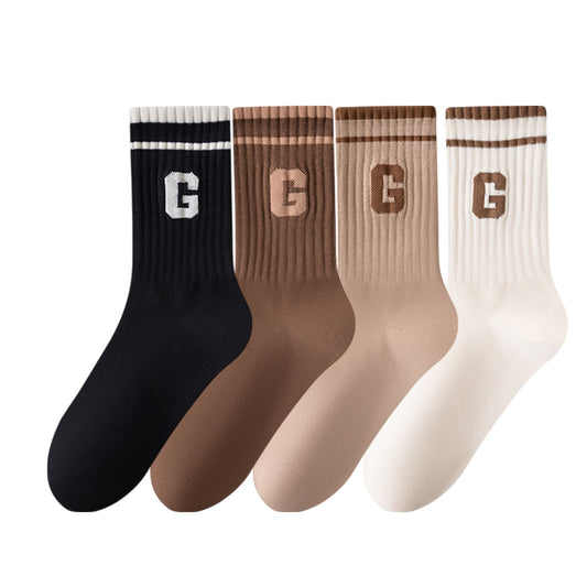4-Pair Pack Ribbed Cotton Crew Socks with Striped Cuffs and G Letter Detail in Neutral Athletic Color Combinations