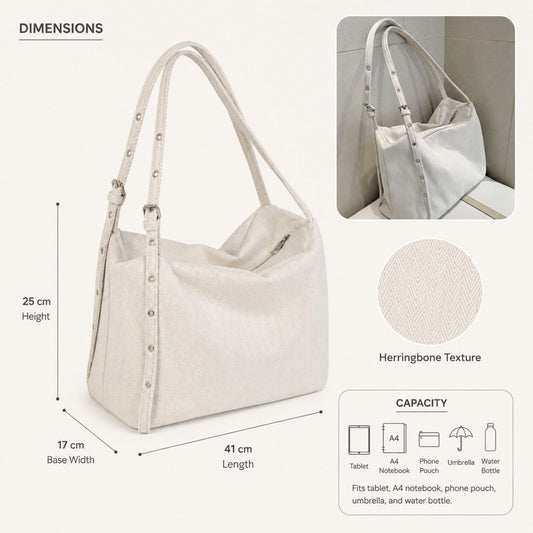 Herringbone Tote Bag with Adjustable Strap and Rivet Detail