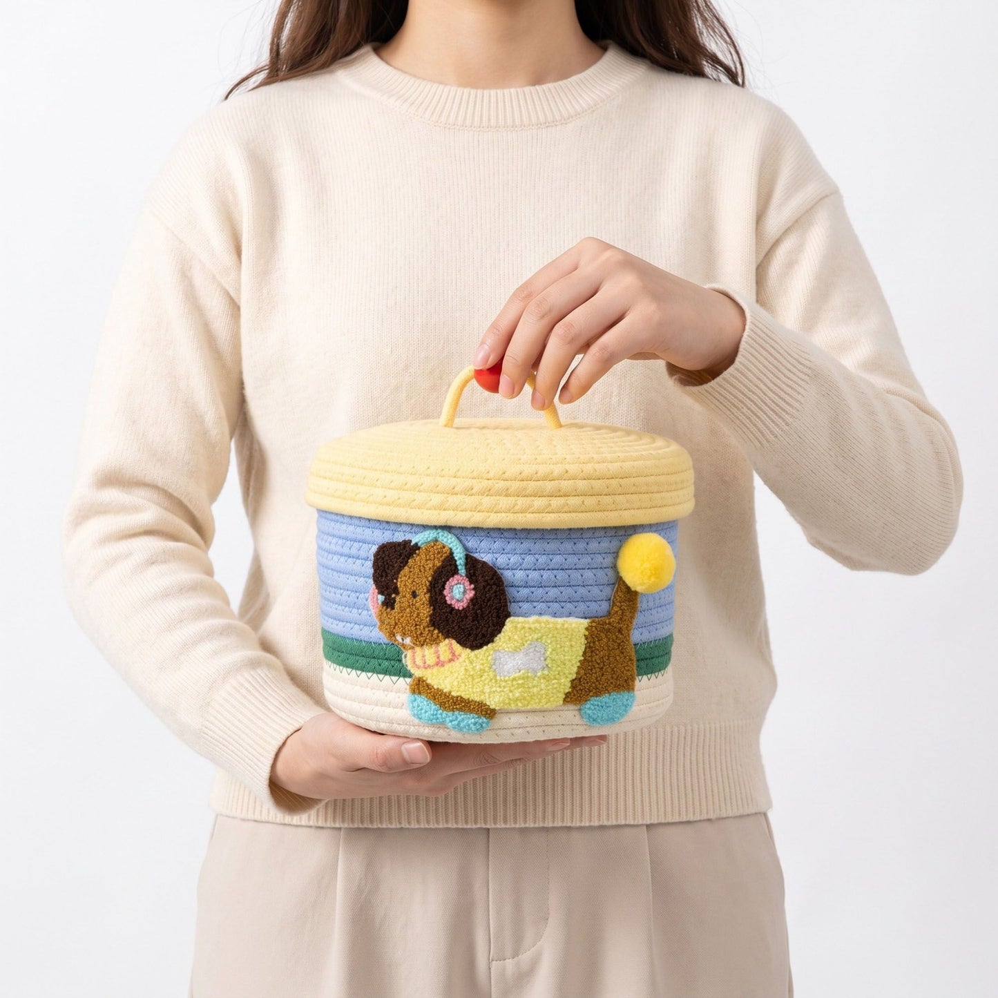 Animal Applique Woven Rope Storage Basket Lid Decorative Organizer Bin