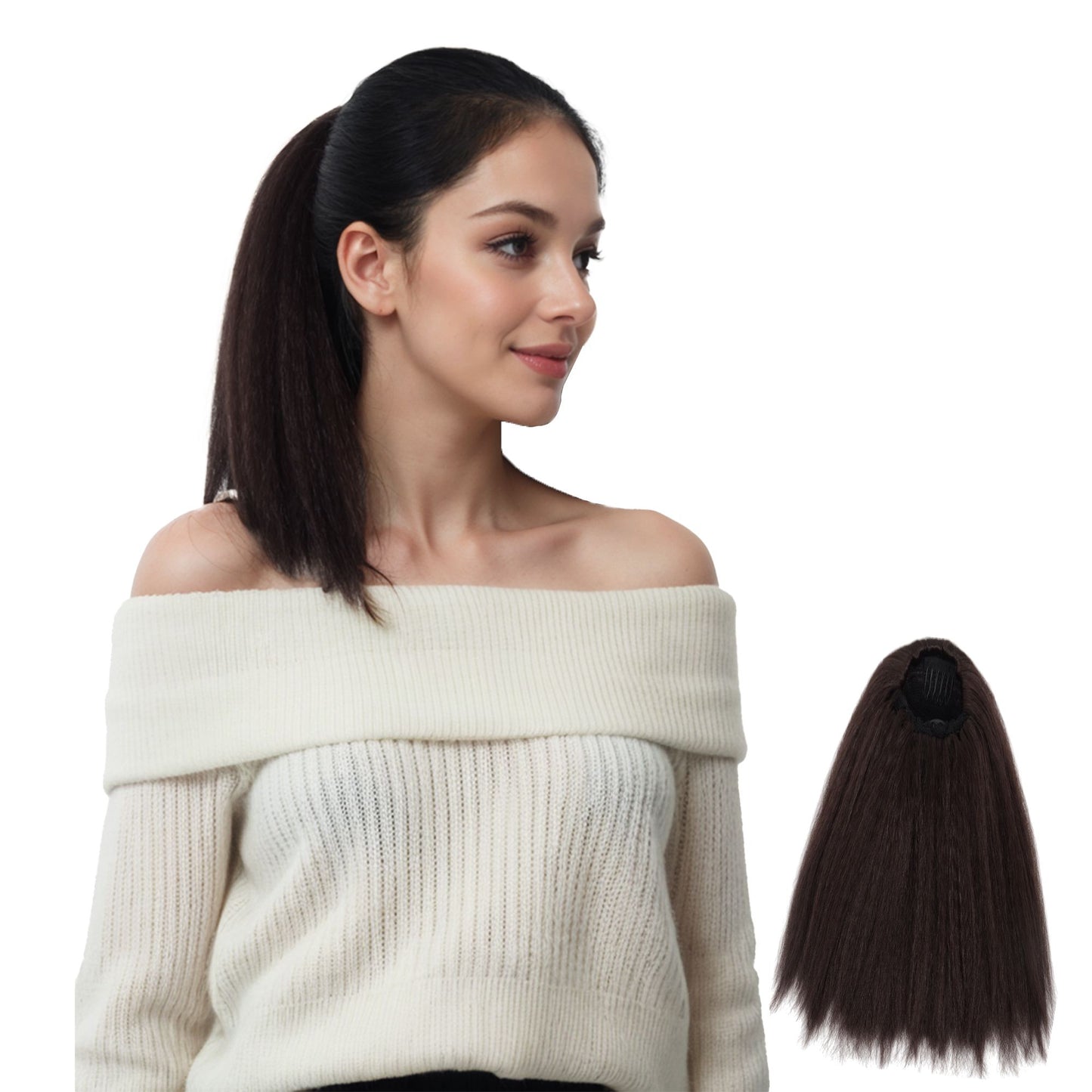 12-Inch Yaki Straight Ponytail Extension Fluffy Thick Drawstring Synthetic Hairpiece with Adjustable Clips