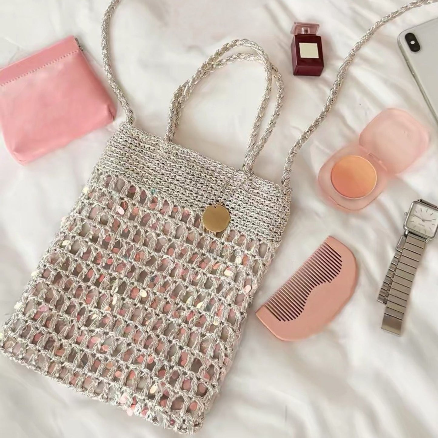 Hand-Crocheted Sequin Crossbody Bag Small Square Shoulder Bag for Phone and Essentials