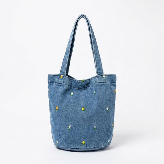 Embroidered Floral Bucket Tote Bag with Shoulder Handles