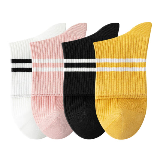 Womens Athletic Crew Socks 4-Pack Ribbed Knit Design Contrast Double Stripe Stretch Comfort Everyday Fit