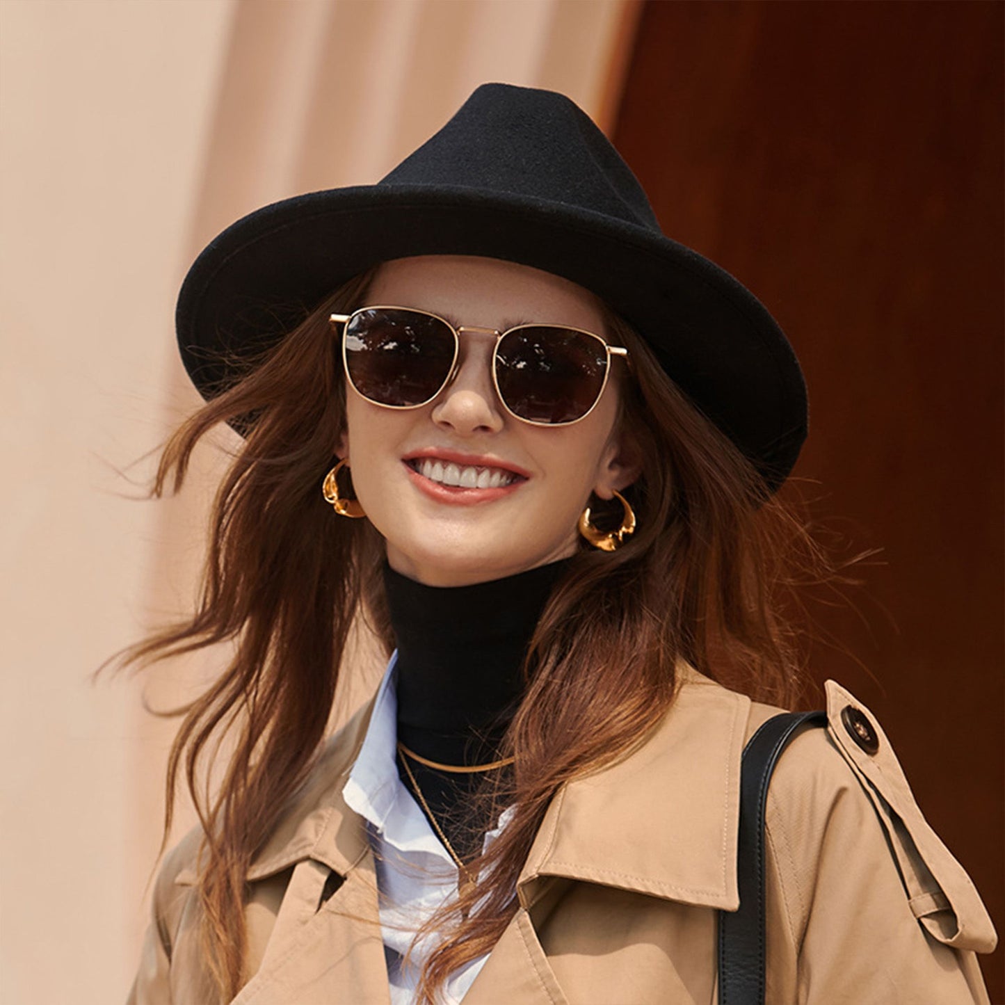 Women Wide Brim Fedora Hat with Gold Chain Band
