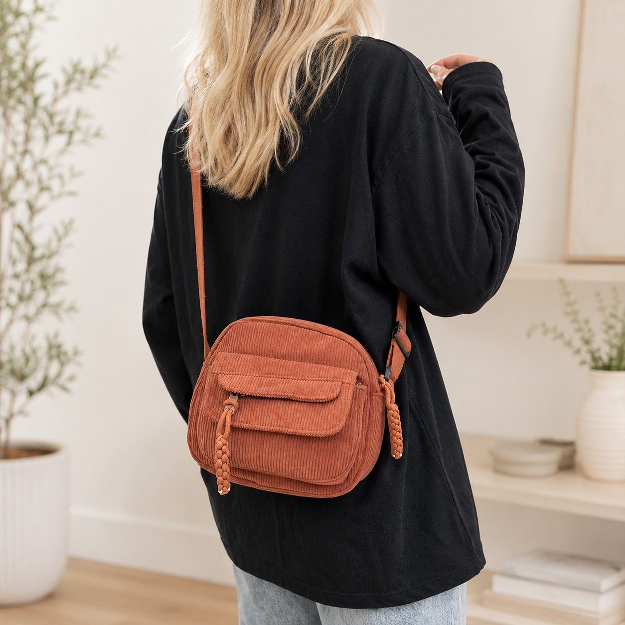 Corduroy Crossbody Bag with Front Pocket Adjustable Strap and Zip Closure