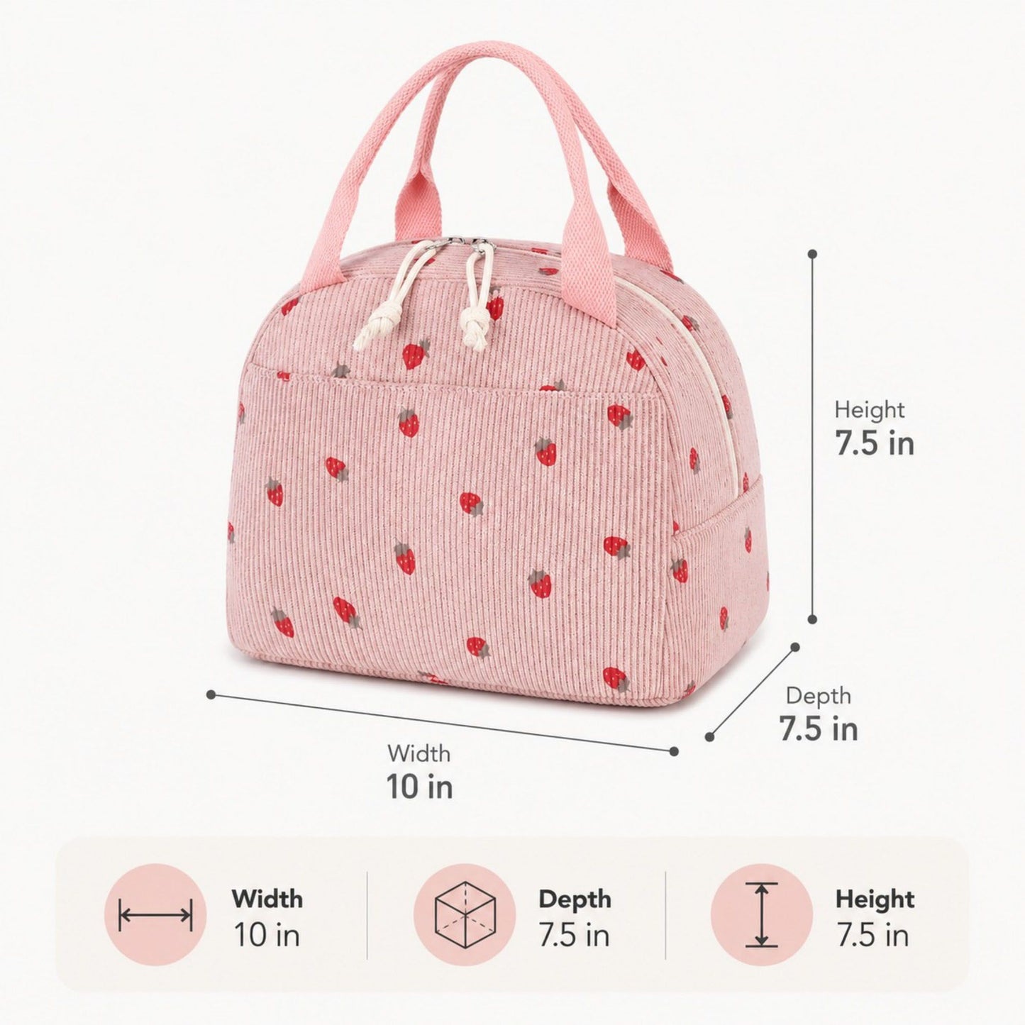 Strawberry Print Corduroy Insulated Lunch Bag with Handles and Zip Closure