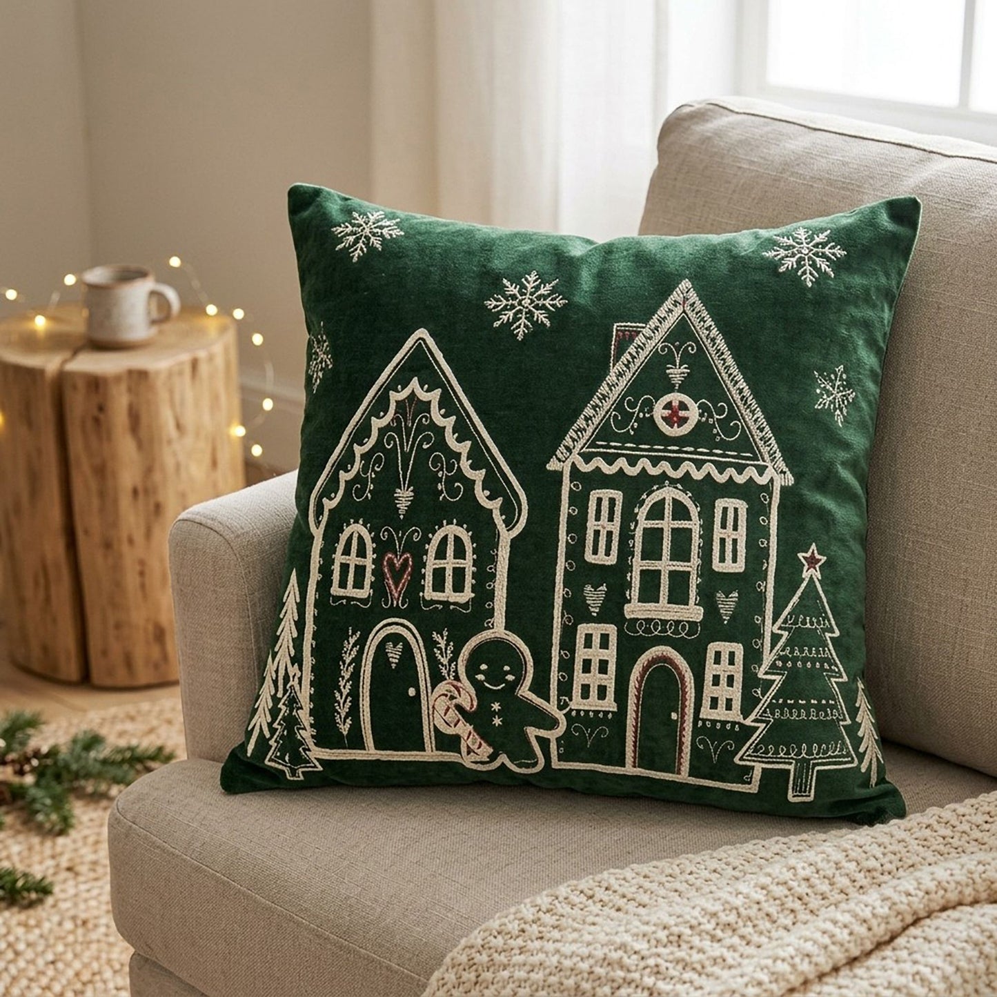 Embroidered Gingerbread House Decorative Throw Pillow Cover for Holiday Decor 17.7 x 17.7in