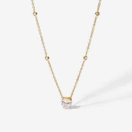 Women's Dainty Solitaire Pendant Necklace with Gold Tone Chain and Delicate Bezel-Set Crystal Accents