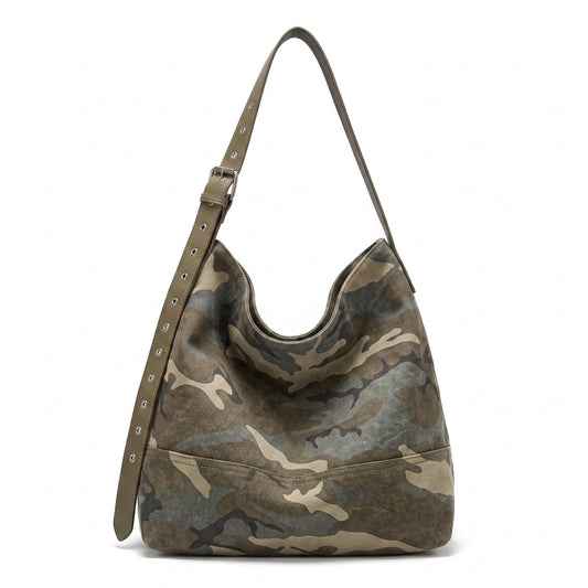 Camouflage Print Slouchy Hobo Bag with Adjustable Grommet Strap