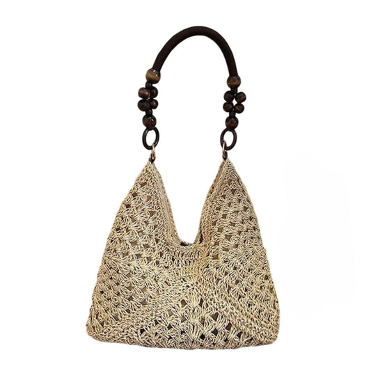Woven Straw Hobo Bag with Wooden Handle Bead Accents and Spacious Interior