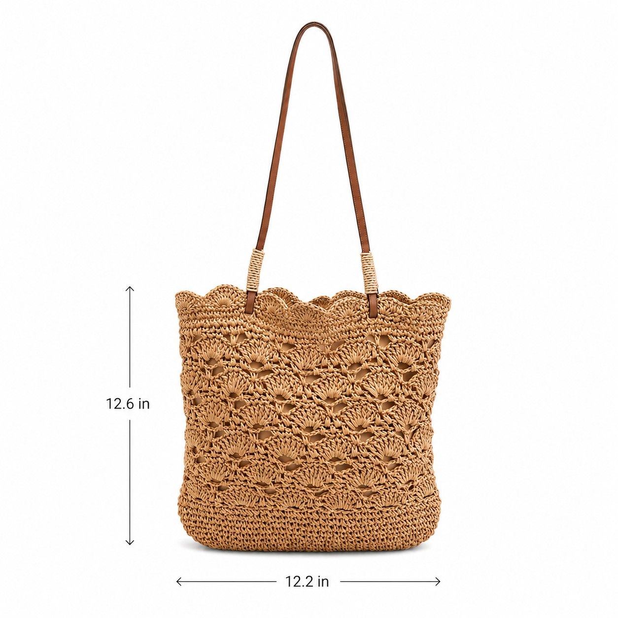 Crochet Woven Shoulder Bag with Zip Closure and Scalloped Bucket Shape