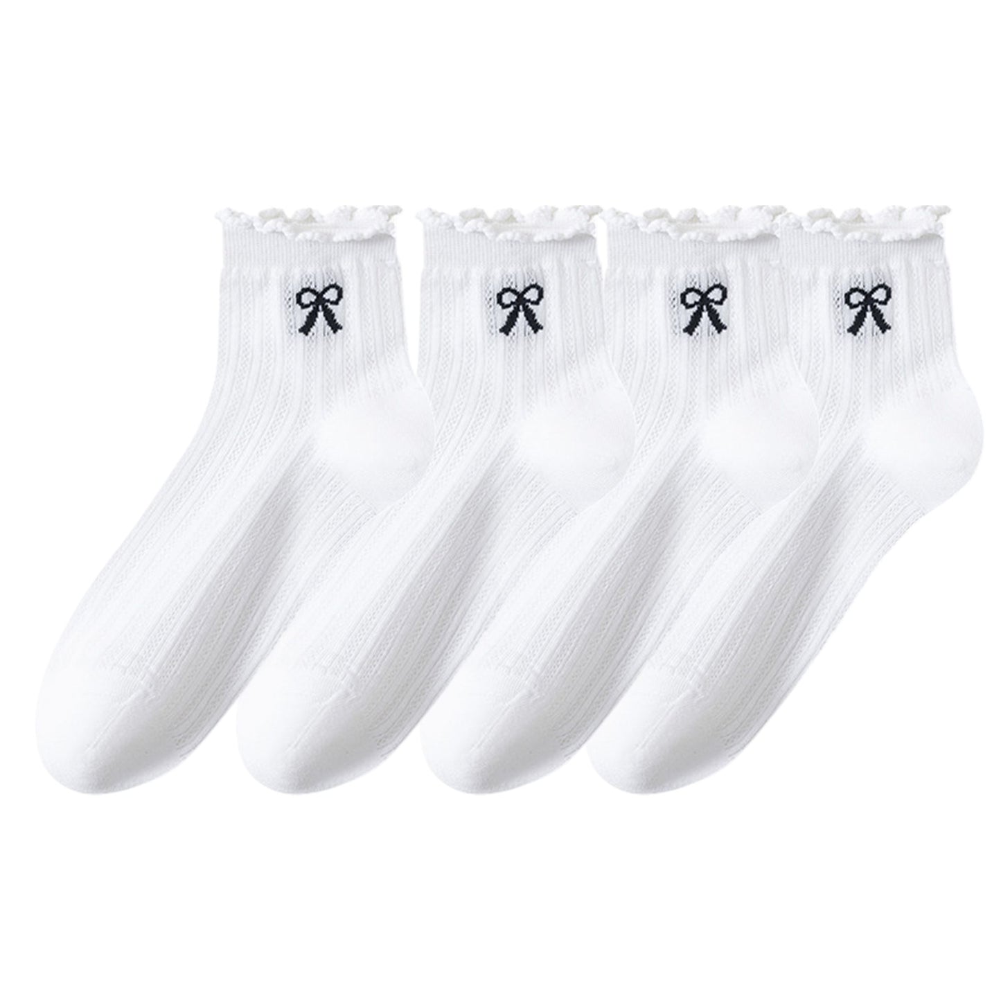 4-Pair Pack Sheer Ribbed Ankle Socks with Ruffled Trim and Embroidered Bow Detail in Multiple Color Combinations