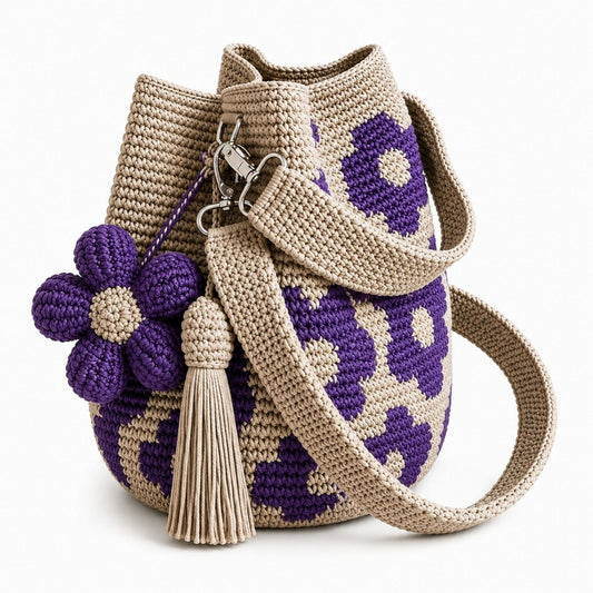Crochet Floral Bucket Bag with Tassel Charm and Shoulder Strap