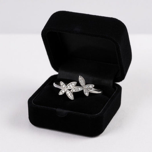 Women's Double Flower Leaf Design Ring with Crystal Detailing