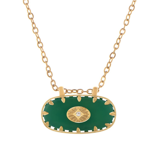 Women's Stainless Steel Necklace with 18K Gold Plated Pendant, Green Natural Stone Inlay, Adjustable Chain, Unique Design