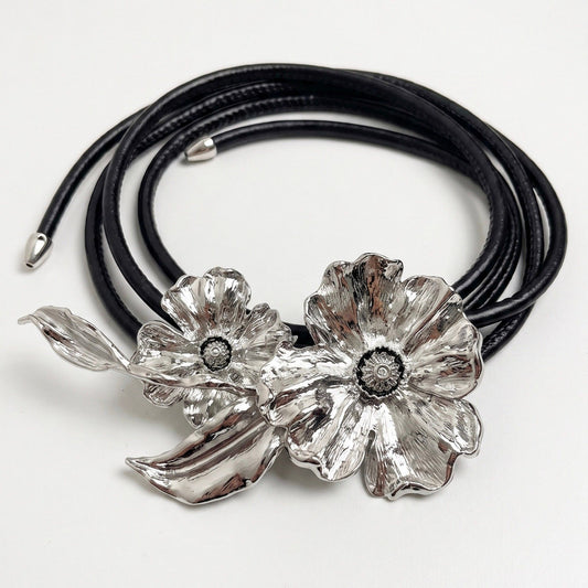 Dual Poppy Flower Leather Waist Belt Adjustable Floral Statement Waist Jewelry 43.3in