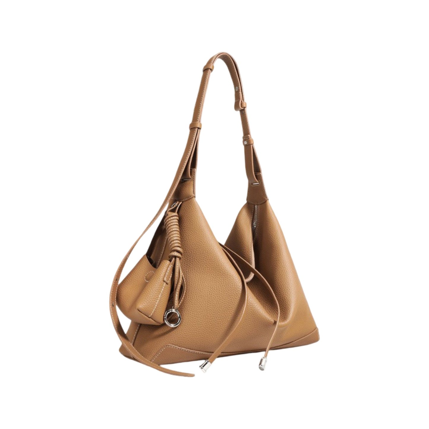 Slouchy Leather Hobo Shoulder Bag with Adjustable Strap Tassel Accent and Zip Closure