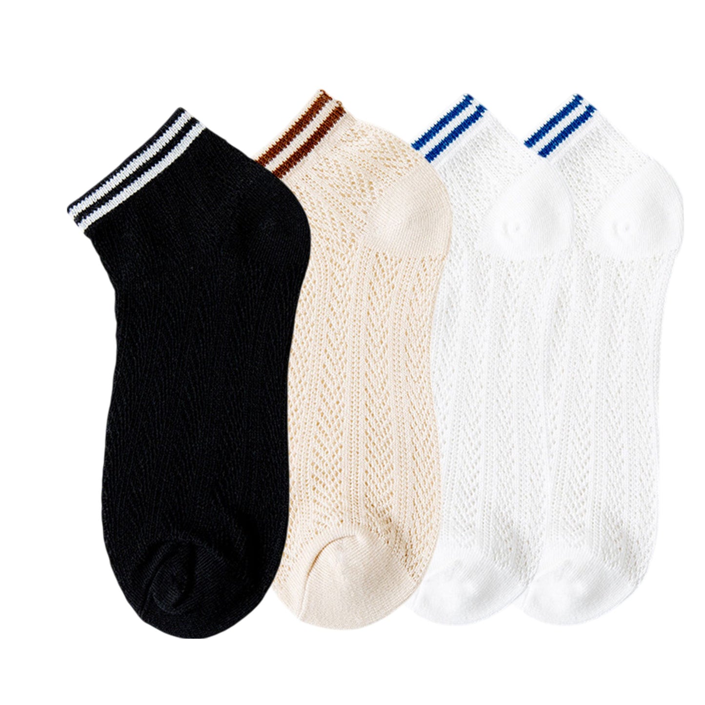 4-Pair Pack Lightweight Mesh Ankle Socks with Striped Cuffs Breathable Knit Texture