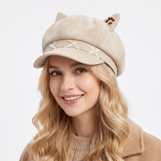 Cat Ear Newsboy Cap Cute Baker Boy Hat Bow Detail Short Brim Casual Style