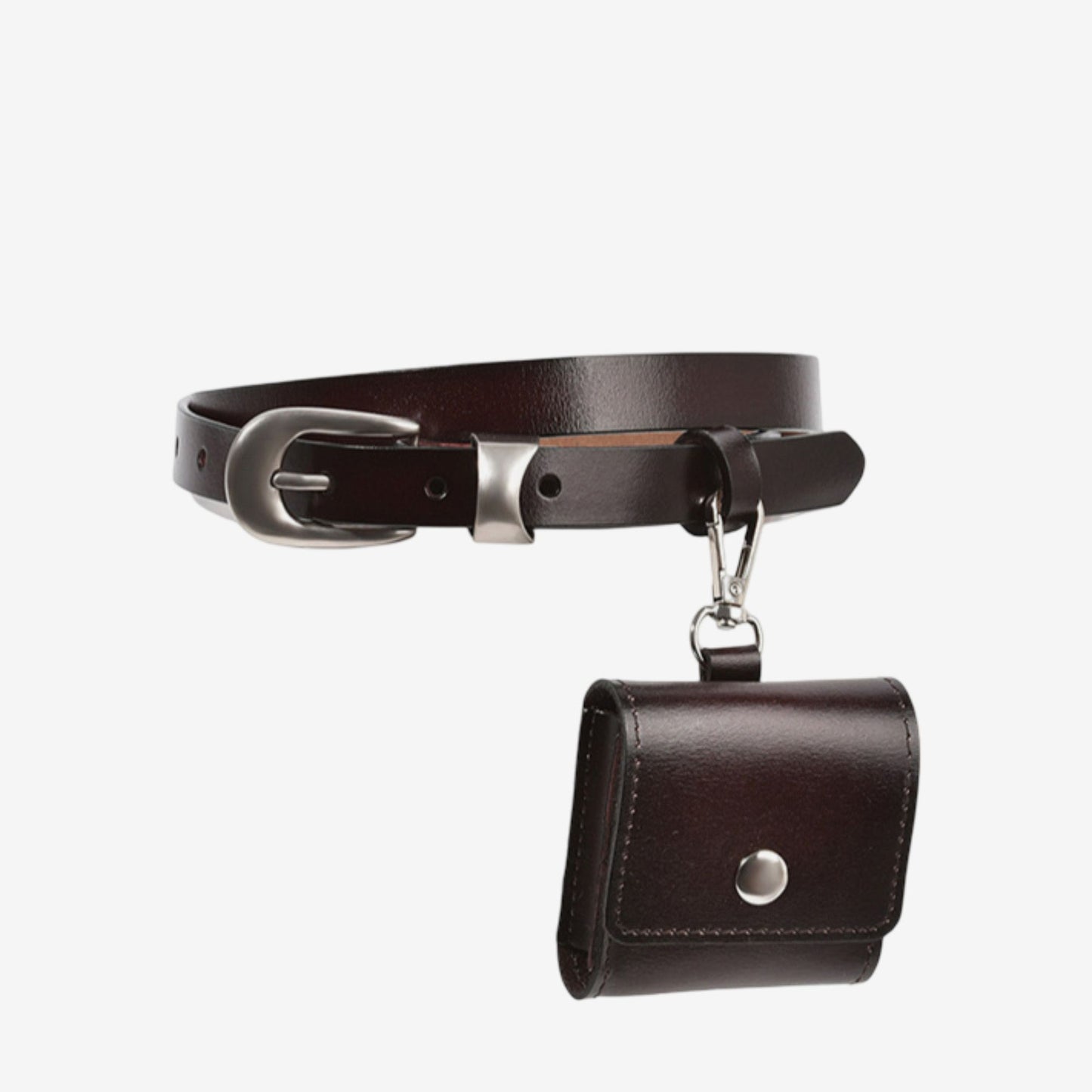 Genuine Leather Belt with Detachable Mini Pouch and Silver Tone Buckle 41.3in
