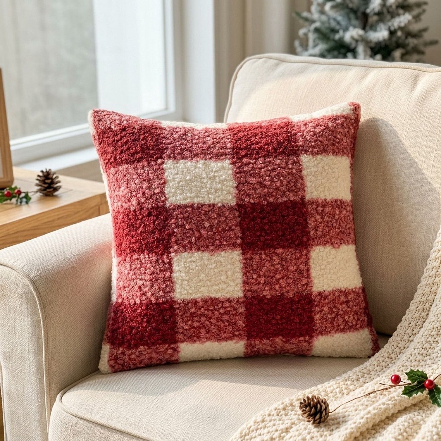 Plush Boucle Gingham Checkered Decorative Throw Pillow Cover for Cozy Home Decor 17.7 x 17.7in