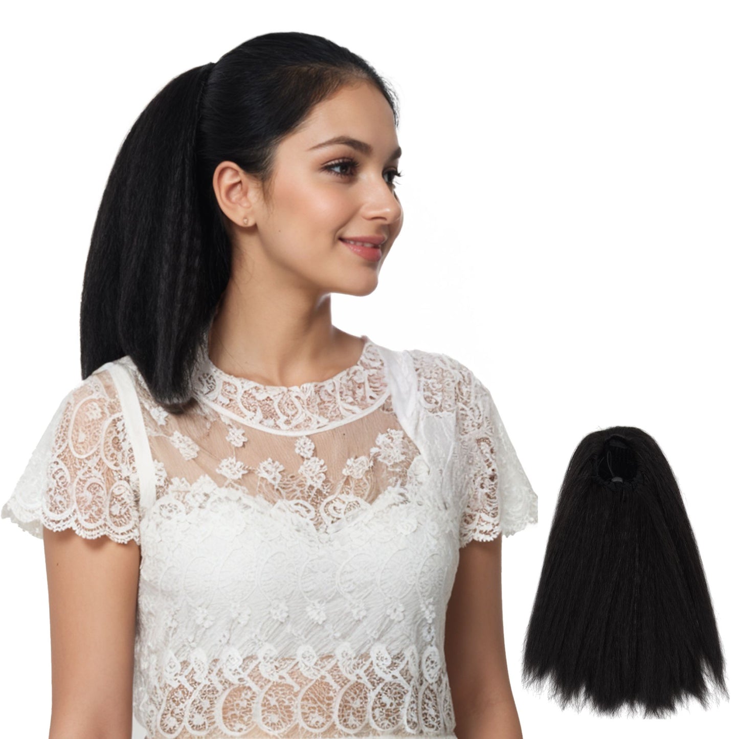 12-Inch Yaki Straight Ponytail Extension Fluffy Thick Drawstring Synthetic Hairpiece with Adjustable Clips