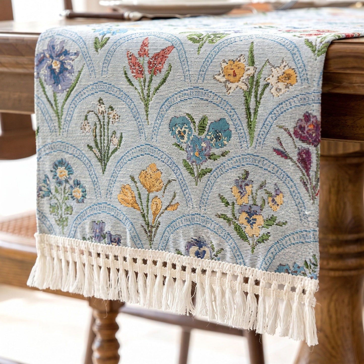Beige Multicolor Floral Woven Table Runner with Tassel Fringe 13.8x47.2in