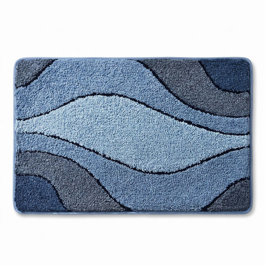 Abstract Blue Wave Plush Bathroom Mat with Layered Curved Line Design