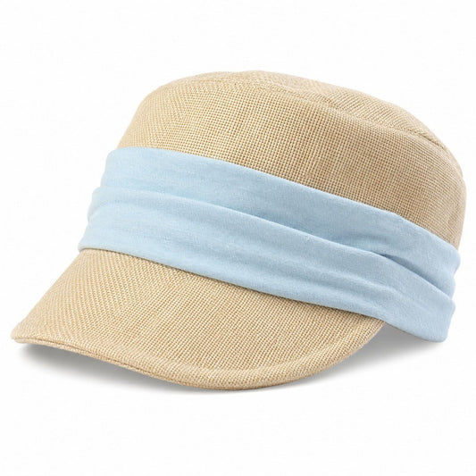 Woven Cadet Cap with Contrast Fabric Band and Short Brim