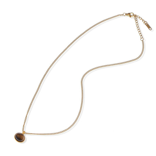 Women's Stainless Steel Necklace with 18K Gold Plated Pendant, Acrylic Tiger's Eye Stone, Adjustable Chain, Unique Design