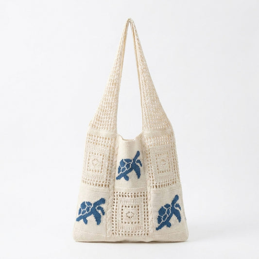 Knit Tote Bag Floral Pattern Shoulder Bag Open Top Casual Everyday Carry Handbag