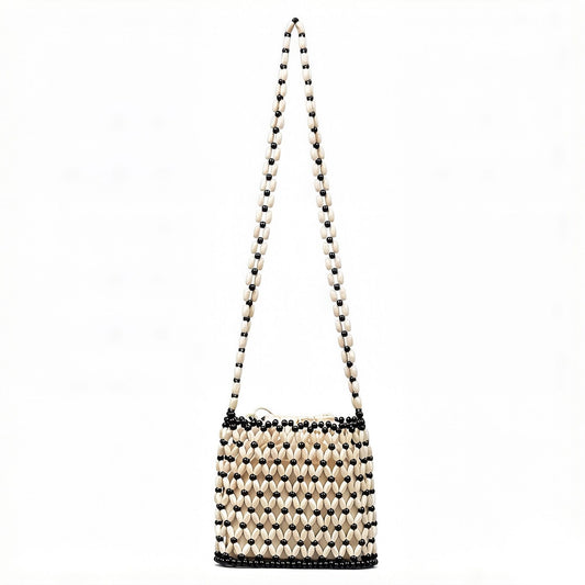 Beaded Crossbody Mini Bag with Long Strap Open Weave Wooden Bead Shoulder Purse Lightweight Small Handbag