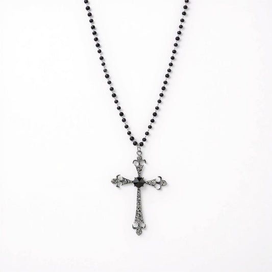 Women's Gothic Cross Pendant Necklace with Crystal Accents and Beaded Chain