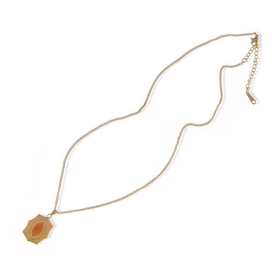 Women's Stainless Steel Necklace with 18K Gold Plated Pendant, Orange Acrylic Stone Inlay, Adjustable Chain, Unique Design