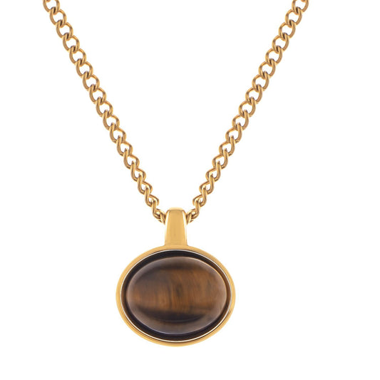 Women's Stainless Steel Necklace with 18K Gold Plated Pendant, Acrylic Tiger's Eye Stone, Adjustable Chain, Unique Design