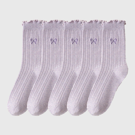 Summer Ribbed Ankle Socks with Bow Embroidery Casual 5Pk