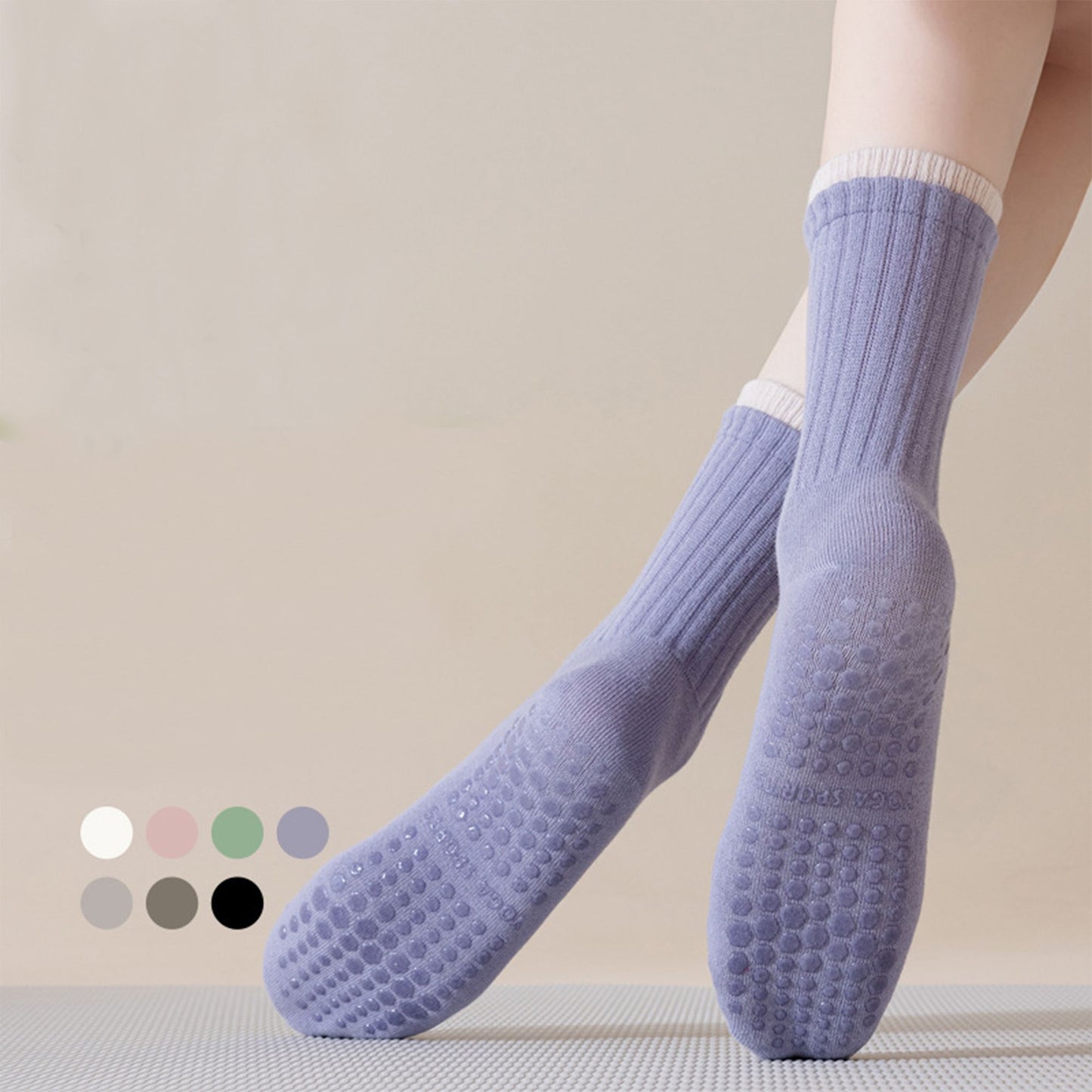 Womens Non-Slip Grip Crew Socks 3 Pair Pack Custom Color Combos Soft Ribbed Cotton with 3D Silicone Heel