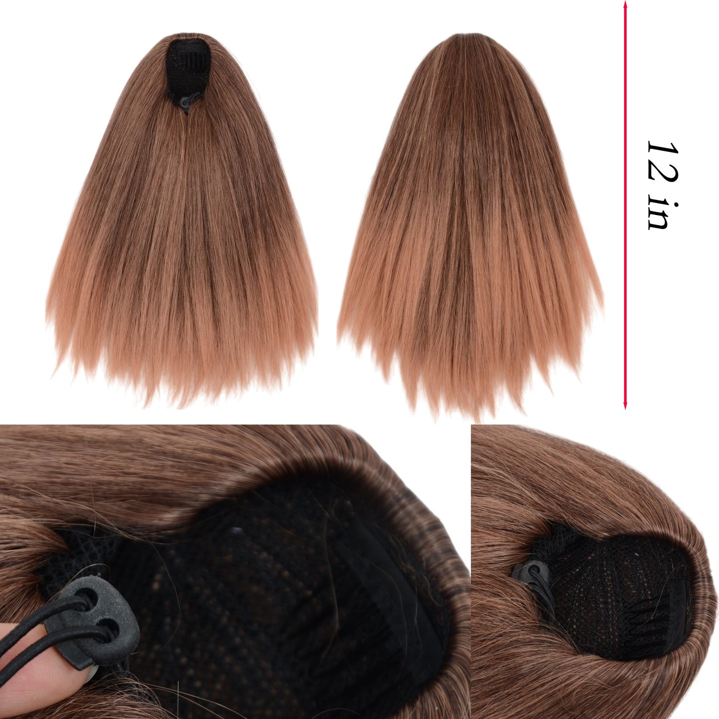 12-Inch Yaki Straight Ponytail Extension Fluffy Thick Drawstring Synthetic Hairpiece with Adjustable Clips