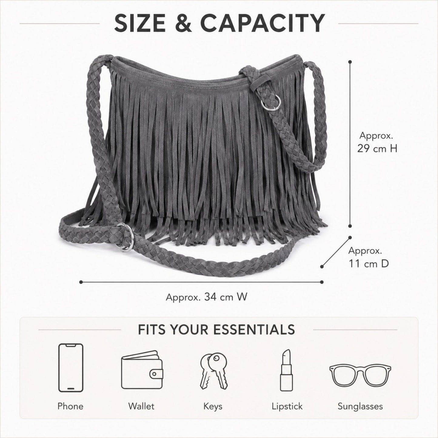 Fringe Crossbody Bag Black Suede Look Boho Shoulder Purse with Braided Strap
