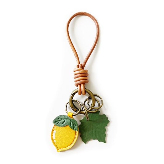 Vintage Fruit Bag Charm Keychain with Leather Cord Loop Leaf Accent and Key Rings
