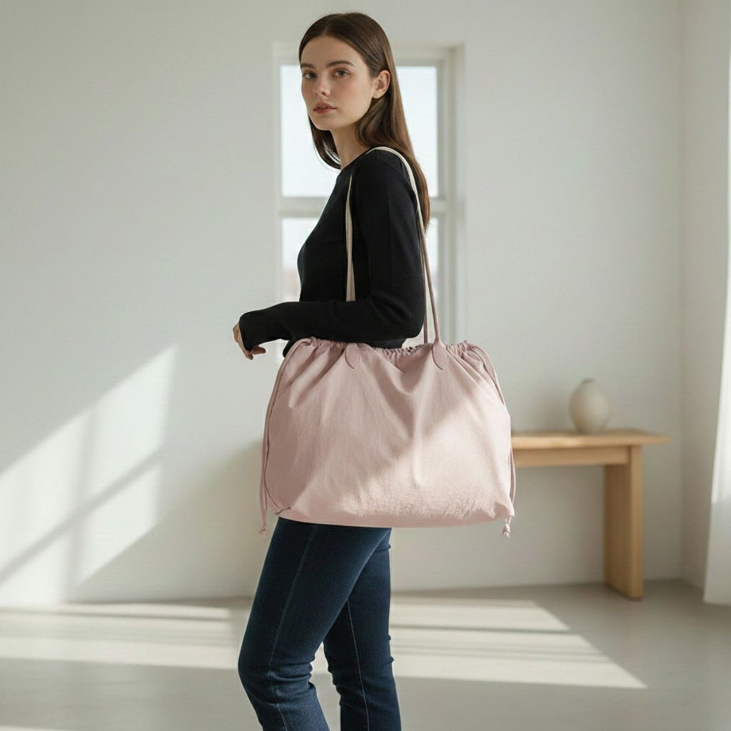 Nylon Drawstring Shoulder Tote Bag with Soft Slouchy Silhouette and Long Carry Straps