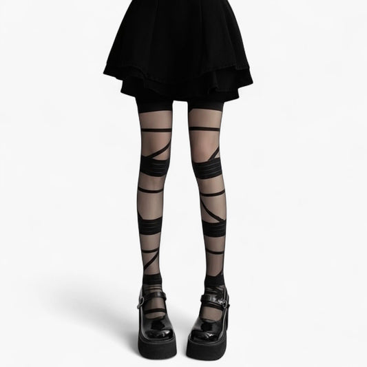 Sheer Tights with Wrapped Ribbon Illusion and Gothic Layered Design