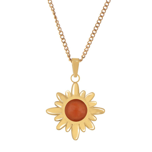 Women's Stainless Steel Necklace with 18K Gold Plated Sun Pendant, Orange Acrylic Stone, Adjustable Chain, Unique Design